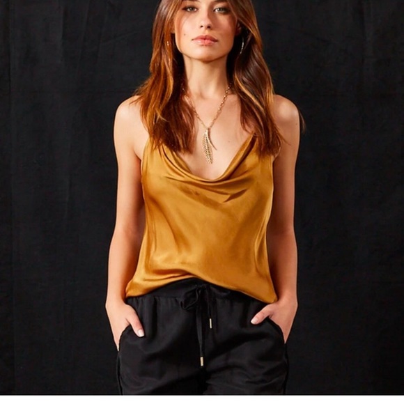 NWOT Young Fabulous and Broke golden yellow racer back, cowl neck satin tank top - Picture 5 of 5